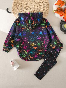 SHEIN Young Girl Knitted Halloween Pattern Hoodie Casual Sweatshirt And Long Pants 2 Pieces Set - Multicolor - View 6