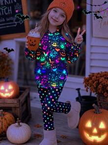 SHEIN Young Girl Knitted Halloween Pattern Hoodie Casual Sweatshirt And Long Pants 2 Pieces Set - Multicolor - View 2