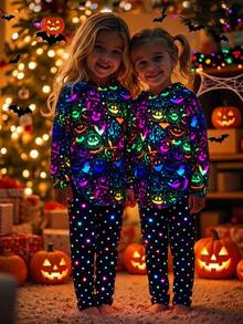 SHEIN Young Girl Knitted Halloween Pattern Hoodie Casual Sweatshirt And Long Pants 2 Pieces Set - Multicolor - View 1
