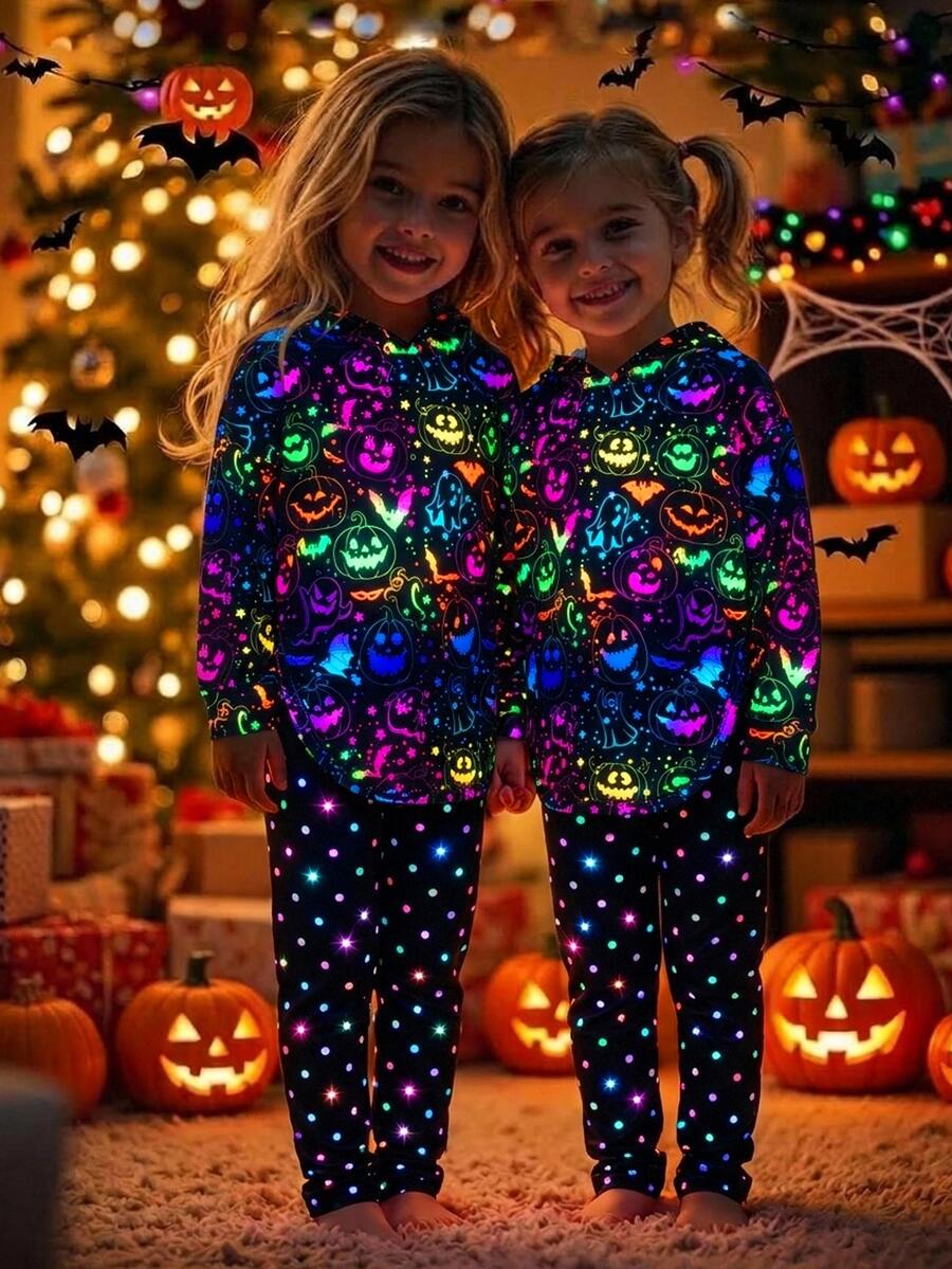 SHEIN Young Girl Knitted Halloween Pattern Hoodie Casual Sweatshirt And Long Pants 2 Pieces Set - Multicolor - View 1