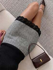 Serisse Women's Lace Patchwork Casual Versatile Daily Skirt - Dark Grey - View 1