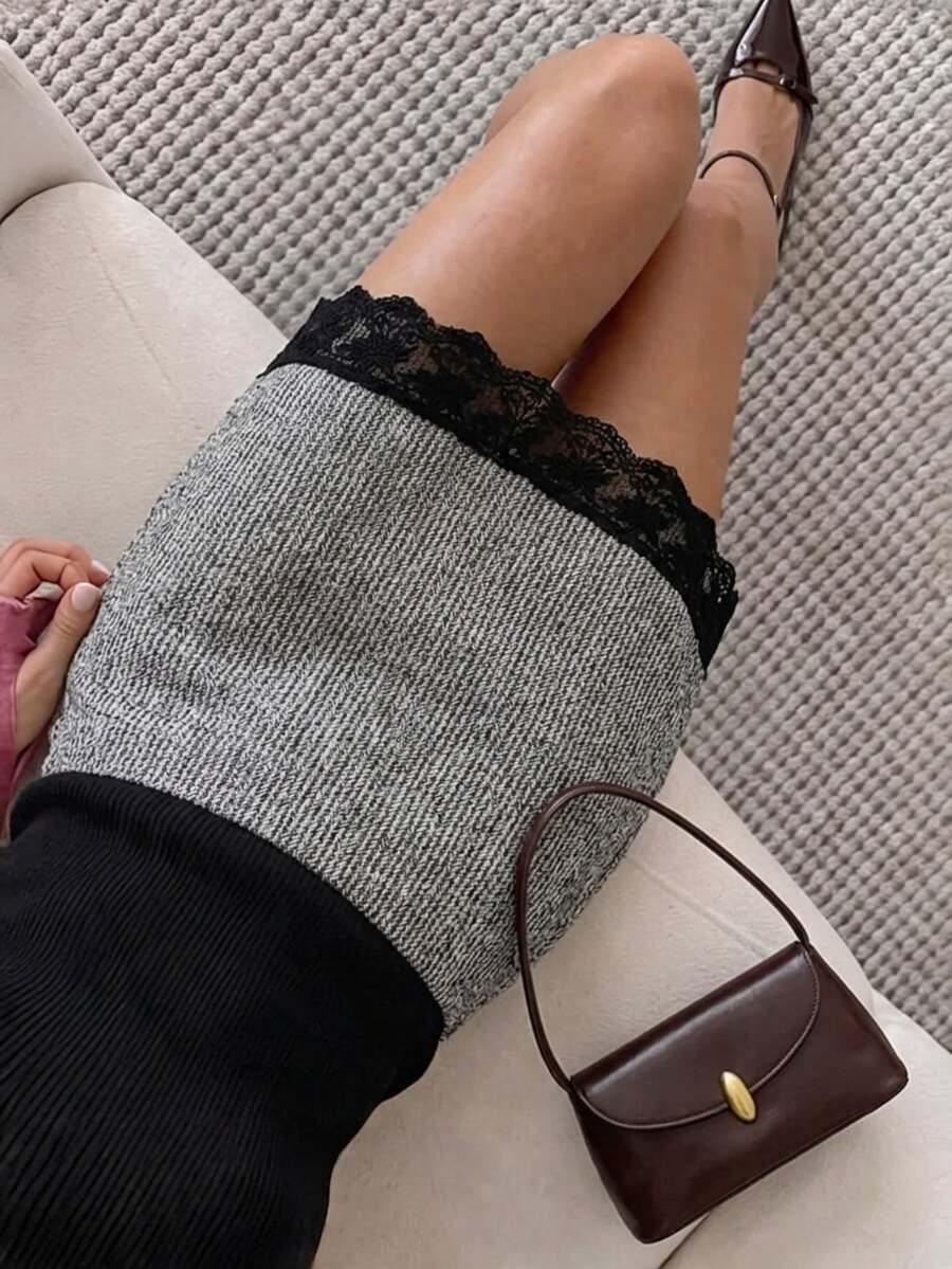 Serisse Women's Lace Patchwork Casual Versatile Daily Skirt - Dark Grey - View 1