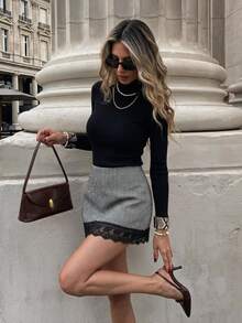 Serisse Women's Lace Patchwork Casual Versatile Daily Skirt - Dark Grey - View 2