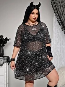 SHEIN CURVE+ فستان تيشرت موسيقي هولوغرافي مقاس كبير، فستان تيشرت موسيقي هولوغرافي فضفاض لحفلات الموسيقى - فضي - مشاهدة 4
