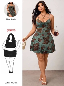 SHEIN CURVE+ 大尺碼綠色夏季1950年代復古度假風Y2K深V垂領串珠裝飾植絨細肩帶洋裝，中式花卉老錢風派對洋裝 - 彩色 - 查看 6