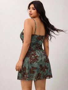 SHEIN CURVE+ 大尺碼綠色夏季1950年代復古度假風Y2K深V垂領串珠裝飾植絨細肩帶洋裝，中式花卉老錢風派對洋裝 - 彩色 - 查看 4