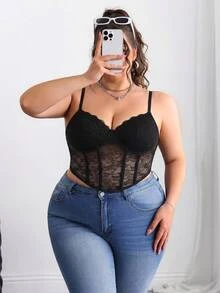 SHEIN CURVE+ Plus Bikercore 网眼插入紧身胸衣黑色紧身胸衣吊带背心，夏季 - 黑色 - 查看 5