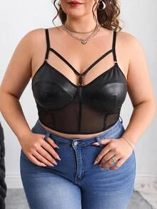 SHEIN CURVE+ Plus Bikercore 网眼插入紧身胸衣黑色紧身胸衣吊带背心，夏季 - 黑色 - 查看 3