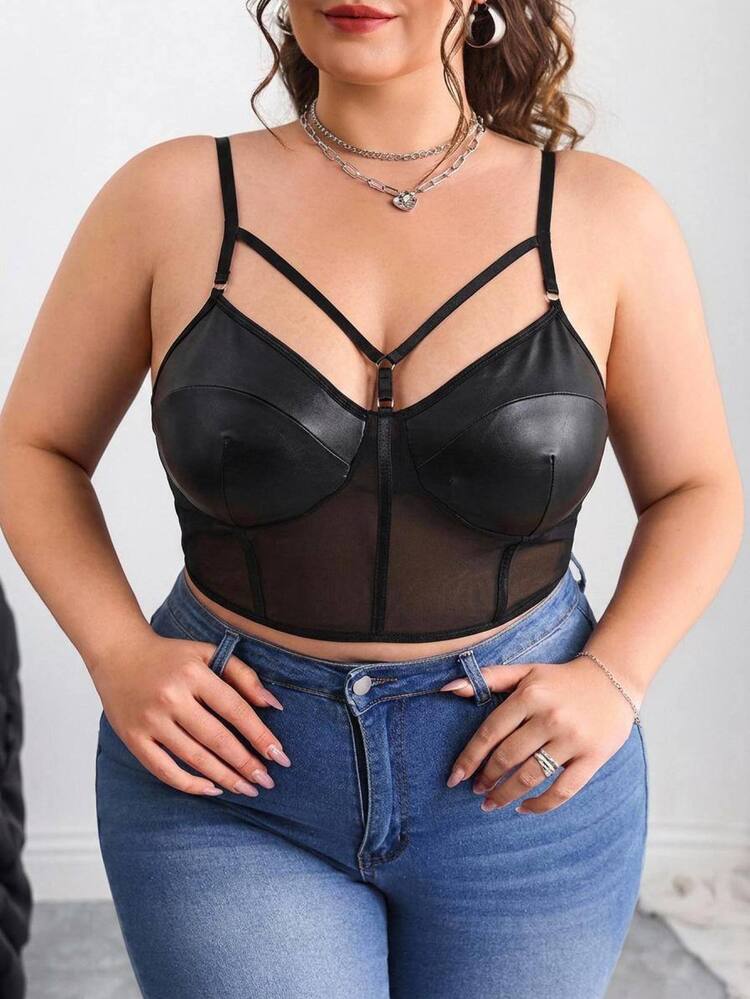 SHEIN CURVE+ Plus Bikercore 网眼插入紧身胸衣黑色紧身胸衣吊带背心，夏季 - 黑色 - 查看 3