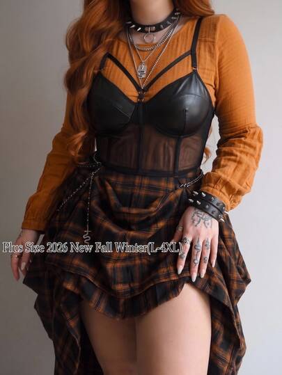 SHEIN CURVE+ Plus Bikercore Mesh Insert Bustier Black Corset Cami Top, Summer 2026 Autumn/Winter Halloween