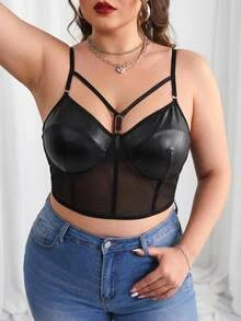 SHEIN CURVE+ Plus Bikercore 网眼插入紧身胸衣黑色紧身胸衣吊带背心，夏季 - 黑色 - 查看 6