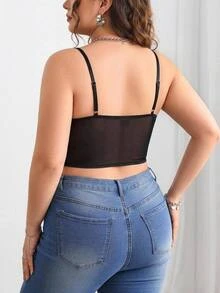 SHEIN CURVE+ Plus Bikercore 网眼插入紧身胸衣黑色紧身胸衣吊带背心，夏季 - 黑色 - 查看 2