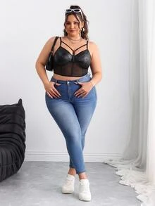 SHEIN CURVE+ Plus Bikercore 网眼插入紧身胸衣黑色紧身胸衣吊带背心，夏季 - 黑色 - 查看 4