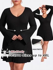 SHEIN CURVE+ 女式复古简约V领喇叭袖毛绒罗纹黑色紧身连衣裙，秋冬 - 黑色 - 查看 3