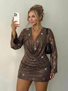 SHEIN CURVE+ 大码女式深V领金色迷你派对连衣裙 - 金色 - 查看 6