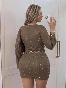 SHEIN CURVE+ 大码女式深V领金色迷你派对连衣裙 - 金色 - 查看 5