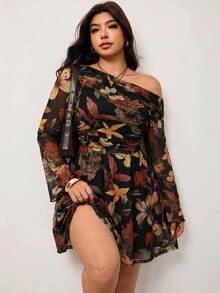 SHEIN CURVE+ فستان كم طويل مطبوع بأوراق القيقب مقاس كبير من طراز Y2K، فينتاج، كاجوال، ضيق، مناسب للربيع - متعدد الألوان - مشاهدة 4