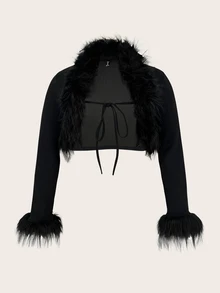 SHEIN CURVE+ Add Black Y2k Fuzzy Border Tie And Windproof Jacket At The Front For Autumn/Winter 26. Halloween, Party Season - Black - View 1