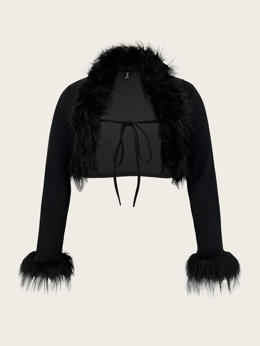SHEIN CURVE+ Add Black Y2k Fuzzy Border Tie And Windproof Jacket At The Front For Autumn/Winter 26. Halloween, Party Season - Black - View 1