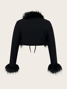 SHEIN CURVE+ Add Black Y2k Fuzzy Border Tie And Windproof Jacket At The Front For Autumn/Winter 26. Halloween, Party Season - Black - View 2