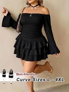 SHEIN CURVE+ 女款大尺碼黑色紋理露肩洋裝 - 黑色 - 查看 7