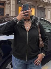 SHEIN CURVE+ Plus Size Women's Y2K Retro Fur Collar Patchwork Regular Sweatshirt Jacket With Pocket Fall - Black - View 2