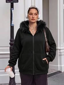 SHEIN CURVE+ Plus Size Women's Y2K Retro Fur Collar Patchwork Regular Sweatshirt Jacket With Pocket Fall - Black - View 3