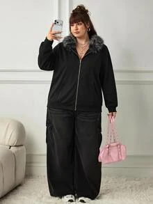 SHEIN CURVE+ Plus Size Women's Y2K Retro Fur Collar Patchwork Regular Sweatshirt Jacket With Pocket Fall - Black - View 1