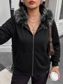 SHEIN CURVE+ Plus Size Women's Y2K Retro Fur Collar Patchwork Regular Sweatshirt Jacket With Pocket Fall - Black - View 6