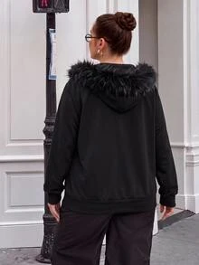 SHEIN CURVE+ Plus Size Women's Y2K Retro Fur Collar Patchwork Regular Sweatshirt Jacket With Pocket Fall - Black - View 4