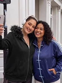 SHEIN CURVE+ Plus Size Women's Y2K Retro Fur Collar Patchwork Regular Sweatshirt Jacket With Pocket Fall - Black - View 5