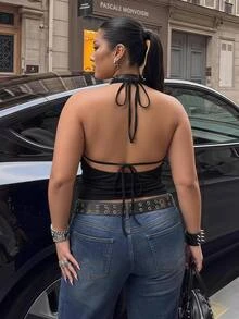 SHEIN CURVE+ Plus Size 2pcs Summer Going Out Beach Hawaii Party Homecoming Concert Club Glitter Backless Women Tank Tops & Camis - Black - View 5