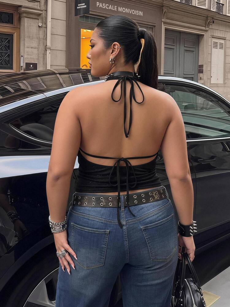 SHEIN CURVE+ 加大码两件套夏季外出海滩夏威夷派对返校节音乐会俱乐部闪光露背女式背心和吊带背心 - 黑色 - 查看 4