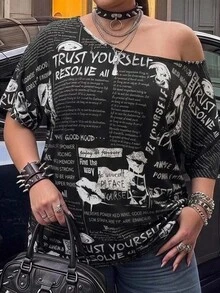 SHEIN CURVE+ 大尺碼女款字母印花撞色不對稱肩性感T恤 - 黑與白 - 查看 4
