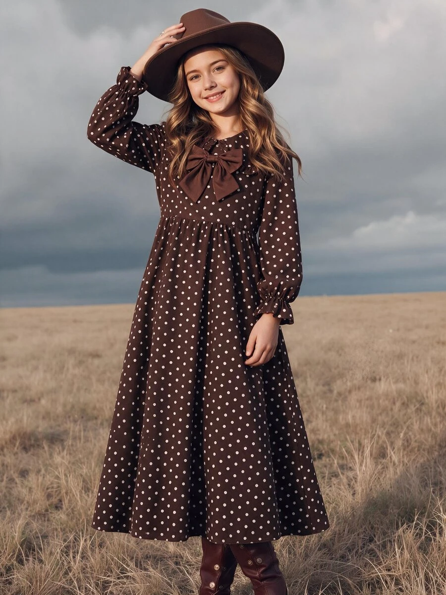 SHEIN Tween Girl Back To School Outfit, Fitted Pink And White Patchwork Long Sleeve Dress With 3D Bow - Brown - View 1