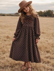 SHEIN Tween Girl Back To School Outfit, Fitted Pink And White Patchwork Long Sleeve Dress With 3D Bow - Brown - View 3
