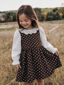 SHEIN Young Girl Young Girl Woven Contrast Color Peter Pan Collar Casual Dress - Brown - View 6