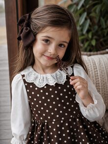 SHEIN Young Girl Young Girl Woven Contrast Color Peter Pan Collar Casual Dress - Brown - View 3