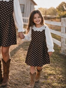 SHEIN Young Girl Young Girl Woven Contrast Color Peter Pan Collar Casual Dress - Brown - View 5
