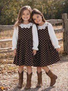 SHEIN Young Girl Young Girl Woven Contrast Color Peter Pan Collar Casual Dress - Brown - View 4