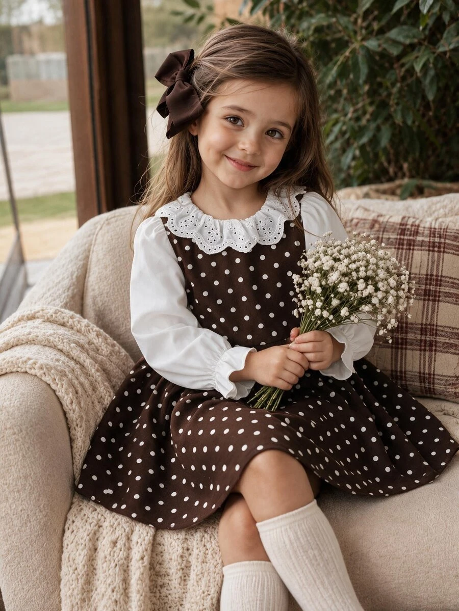 SHEIN Young Girl Young Girl Woven Contrast Color Peter Pan Collar Casual Dress - Brown - View 1