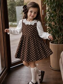 SHEIN Young Girl Young Girl Woven Contrast Color Peter Pan Collar Casual Dress - Brown - View 2