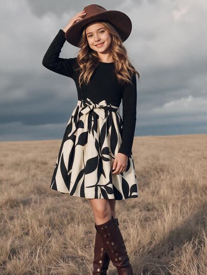 SHEIN Tween Girl Vintage Patchwork Long Sleeve Dress, Simple Round Neck Black Elastic Ribbed Long Sleeve Top, Waist With Adjustable Bowknot Waist, Bottom With Beige And Black Abstract Leaf Print A-Line Full Skirt, Classic Colorblock Korean Casual Style, Suitable For Girls' Daily Wear And Other Occasions