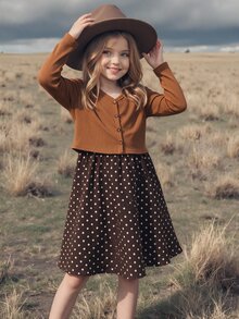 SHEIN Kids Tween Girls Brown Ribbed Knit Cardigan Jacket With Woven Ditsy Floral Cinch Waist Dress, Vintage Casual Vacation 2 Pieces Set - Coffee Brown - View 2
