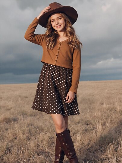 SHEIN Tween Girls Brown Ribbed Knit Cardigan Jacket With Woven Ditsy Floral Cinch Waist Dress, Vintage Casual Vacation 2-Piece Set