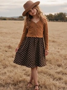 SHEIN Kids Tween Girls Brown Ribbed Knit Cardigan Jacket With Woven Ditsy Floral Cinch Waist Dress, Vintage Casual Vacation 2 Pieces Set - Coffee Brown - View 3