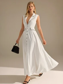 CLARA VERO Doppelreihiges Slim-Fit-Langkleid mit Kontrastbesatz, Taillendesign erzeugt elegante Kurven, geeignet für moderne Anlässe, Arbeitskleidung oder Abendveranstaltungen, aus 100% Polyester-Nichtstretch-Stoff, klassische weiße Basis mit schwarzen Kanten, schafft einen modischen und eleganten Stil - Weiss - Übersicht 5