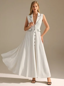 CLARA VERO Doppelreihiges Slim-Fit-Langkleid mit Kontrastbesatz, Taillendesign erzeugt elegante Kurven, geeignet für moderne Anlässe, Arbeitskleidung oder Abendveranstaltungen, aus 100% Polyester-Nichtstretch-Stoff, klassische weiße Basis mit schwarzen Kanten, schafft einen modischen und eleganten Stil - Weiss - Übersicht 3