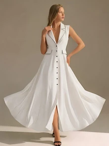 CLARA VERO Doppelreihiges Slim-Fit-Langkleid mit Kontrastbesatz, Taillendesign erzeugt elegante Kurven, geeignet für moderne Anlässe, Arbeitskleidung oder Abendveranstaltungen, aus 100% Polyester-Nichtstretch-Stoff, klassische weiße Basis mit schwarzen Kanten, schafft einen modischen und eleganten Stil - Weiss - Übersicht 1