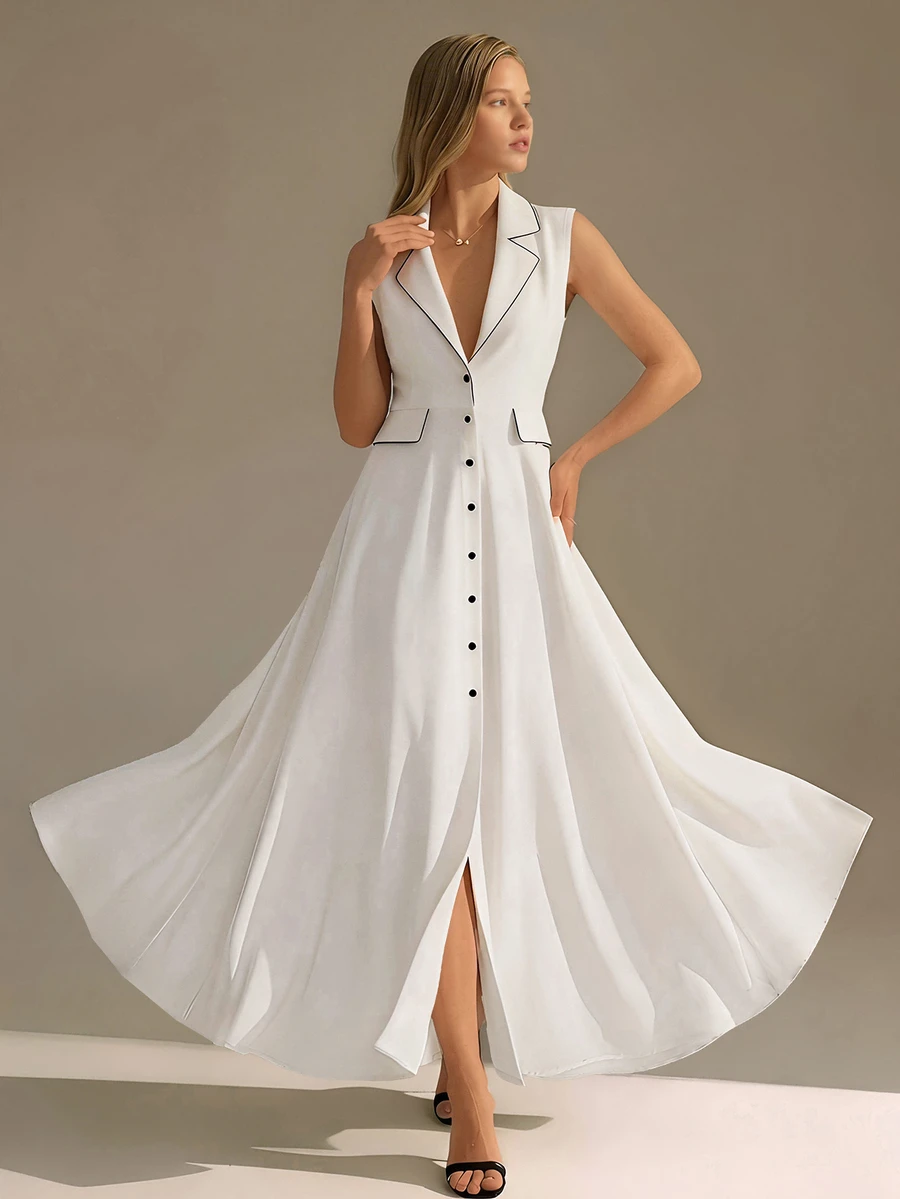 CLARA VERO Doppelreihiges Slim-Fit-Langkleid mit Kontrastbesatz, Taillendesign erzeugt elegante Kurven, geeignet für moderne Anlässe, Arbeitskleidung oder Abendveranstaltungen, aus 100% Polyester-Nichtstretch-Stoff, klassische weiße Basis mit schwarzen Kanten, schafft einen modischen und eleganten Stil - Weiss - Übersicht 1